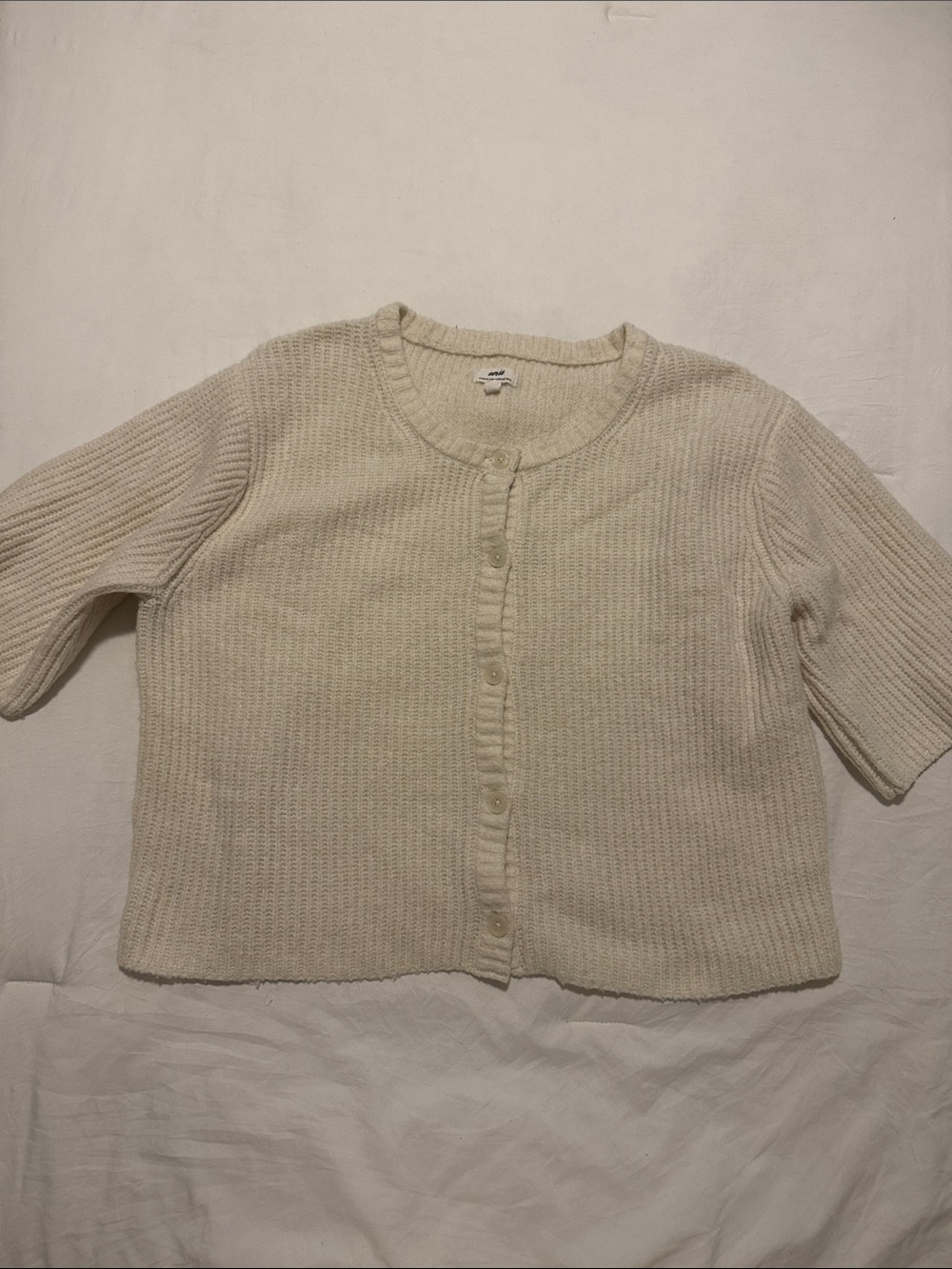 Aerie Short-Sleeve Cream Button-Front Knit Cardigan